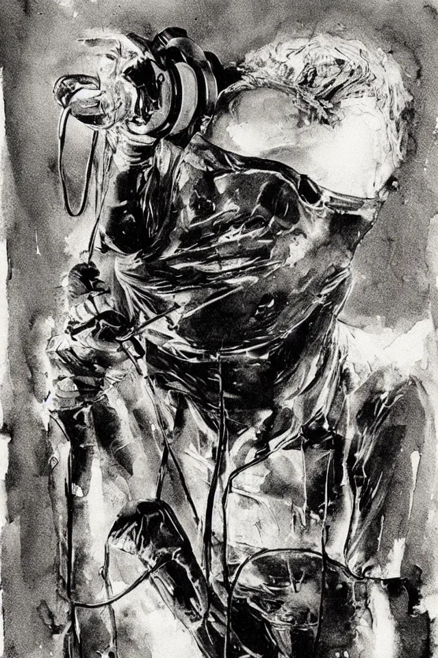 Image similar to Portrait of old age grandpa granny wearing a latex gimp suit, wearing headphones and a bone in hand by bill sienkiewicz