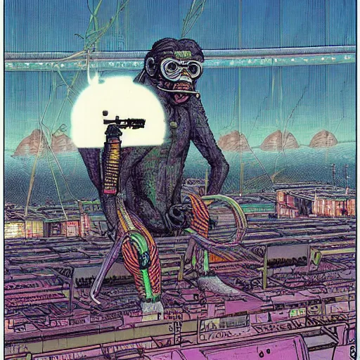 Image similar to a cyberpunk monkey in a spaceport by jean giraud