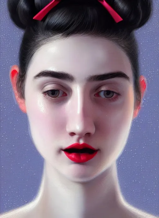 Image similar to portrait of white teenage girl, narrow face, short black hair and eyebrows, bangs, half updo hairstyle, buck teeth, unattractive, defined jawline, long chin, smile, hair bow, intricate, elegant, glowing lights, highly detailed, digital painting, artstation, sharp focus, illustration, art by wlop, mars ravelo and greg rutkowski