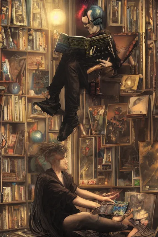 Prompt: goth guy sitting on the floor of a cluttered 9 0 s bedroom reading a book by artgerm, tom bagshaw, gerald brom, vaporwave colors, lo - fi, 4 k, hd,