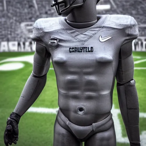 Image similar to “ a realistic detailed photo of a guy who is an attractive humanoid who is half robot and half humanoid, who is a male android, football player christian mccaffrey, shiny skin, posing like a statue, blank stare, on the field, on display ”