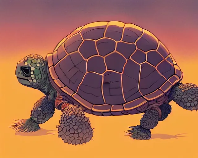 Image similar to a cell shaded cartoon giant turtle from howl's moving castle ( 2 0 0 4 ), on a desert road, illustration, wide shot, subtle colors, post grunge, concept art by josan gonzales and wlop, by james jean, victo ngai, highly detailed, sharp focus, trending on artstation, hq, deviantart, art by artgem