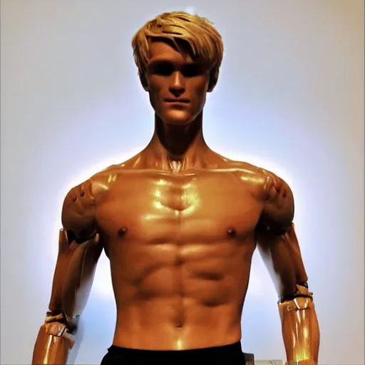 Image similar to a realistic detailed photo of a guy who is an attractive humanoid who is half robot and half humanoid, who is a male android, soccer player martin ødegaard, shiny skin, posing like a statue, blank stare, in a living room, on display, showing off his muscles