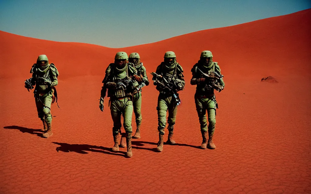 Prompt: in a dusty red desert with plants, a team of five swat future soldiers in dark green tactical gear like death stranding and halo hike. They 're afraid. mid day, heat shimmering, color, 35mm film photography, lawrence of arabia