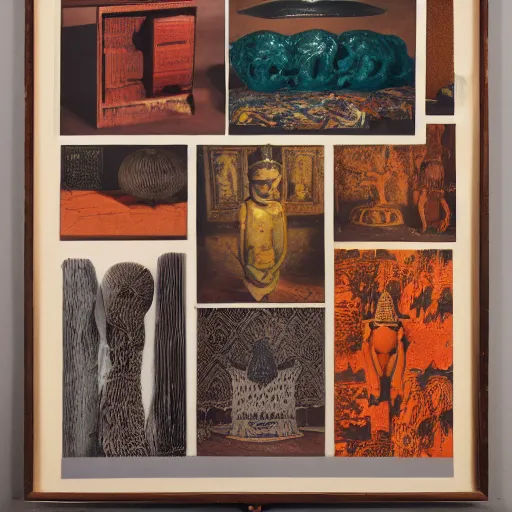 Image similar to A three color offset photography of objects on display, anthropology of wonder, exotic artifacts, abstract art, colonial expedition, catalog exhibition, 60s style