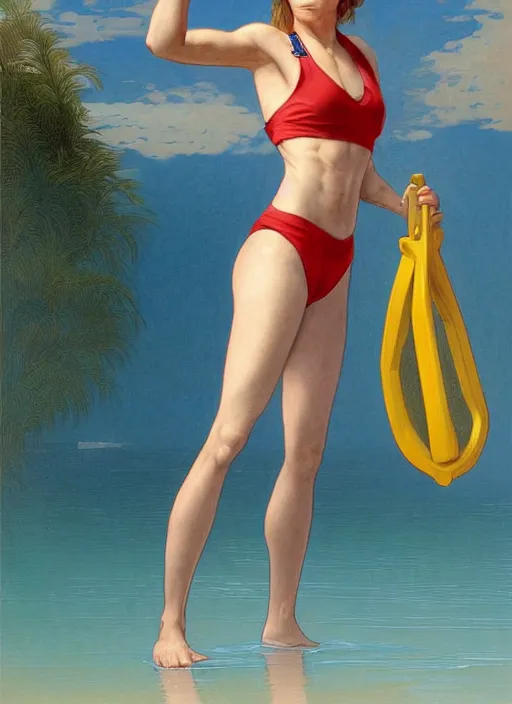 Image similar to portrait brie larson as sea lifeguard on the beach, full length shot, shining, 8k highly detailed, sharp focus, illustration, art by artgerm, mucha, bouguereau