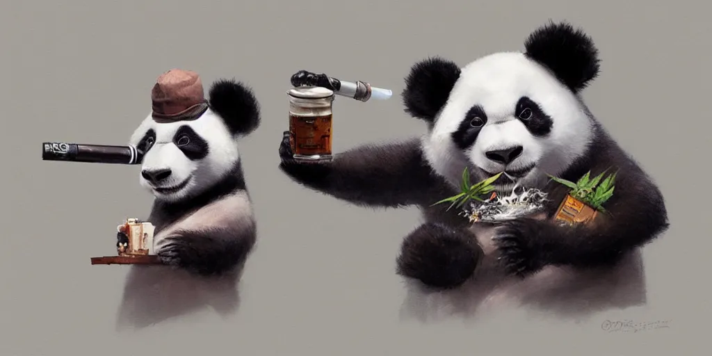 Image similar to Anthropomorphic panda smoking weed by Greg Rutkowski, Sung Choi, Mitchell Mohrhauser, trending on artstation, fine details