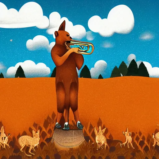 Image similar to a killer acid illustration of a dingo trumpet player standing alone on a hill near the river, filling the sky with music