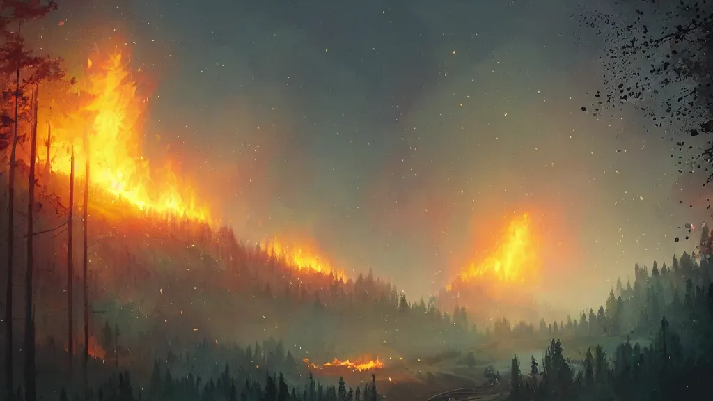 Image similar to large glowing flaming green crystal fragments falling from the sky, landing on top of a burning forest, by sylvain sarrailh, rossdraws, ambient light, ultra detailed, fantasy artwork, 8 k, volumetric lighting, trending on artstation, award winning, beautiful scenery, very beautiful.