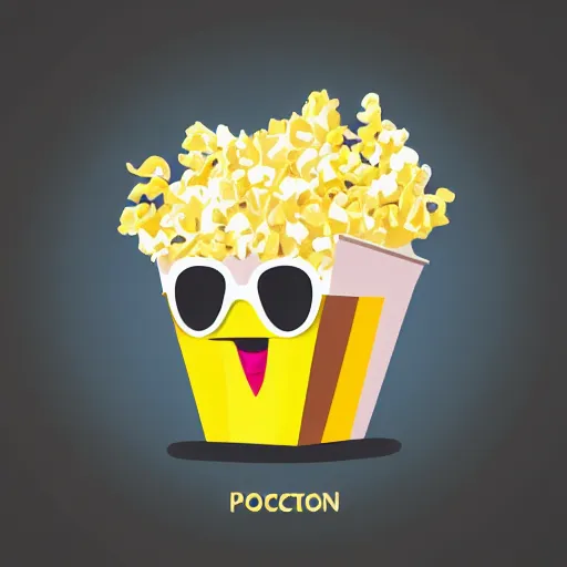 Prompt: vector futurist style logo featuring a flaming piece of popcorn with a smiling face, with mirrorshades sunglasses, clean composition, symmetrical