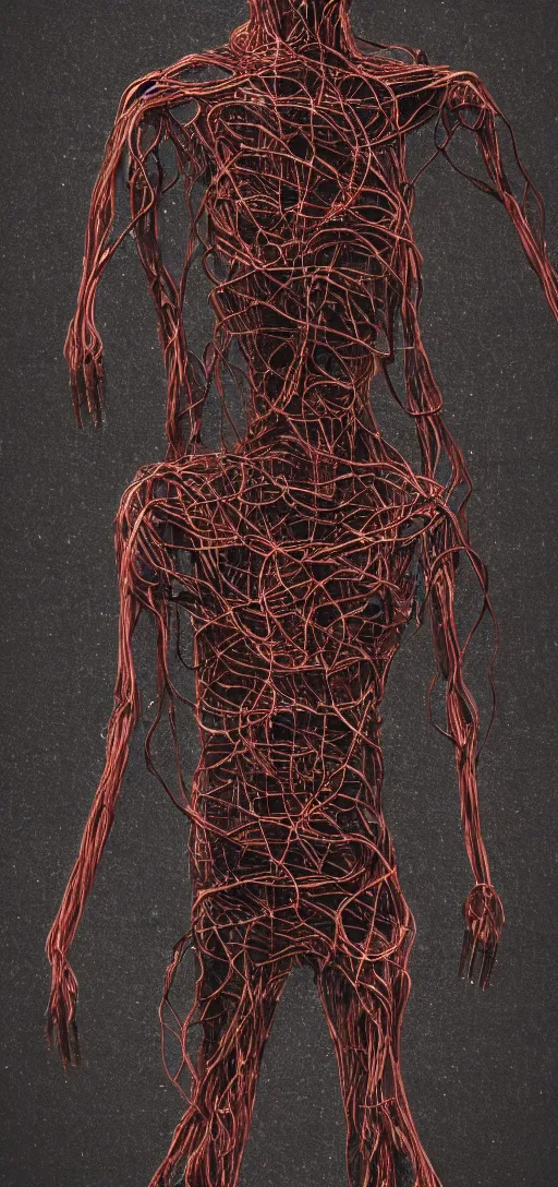 Image similar to human figure consumed by wires and machinery, scary, body horror, human bodies, disturbing, weird, creepy, 4K