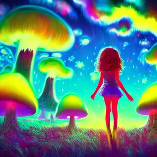 Prompt: Little girl wandering among many giant glowing mushroom clouds, Neon colors, psychedelic art, trippy, 4k, HQ, Trending on Artstation