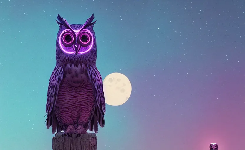 Prompt: owl in tree with moon staring down and the sky is purple, low level, rendered by beeple, makoto shinkai, syd meade, simon stalenhag, synthwave style, digital art, unreal engine, wlop, trending on artstation, 4 k uhd image, octane render,