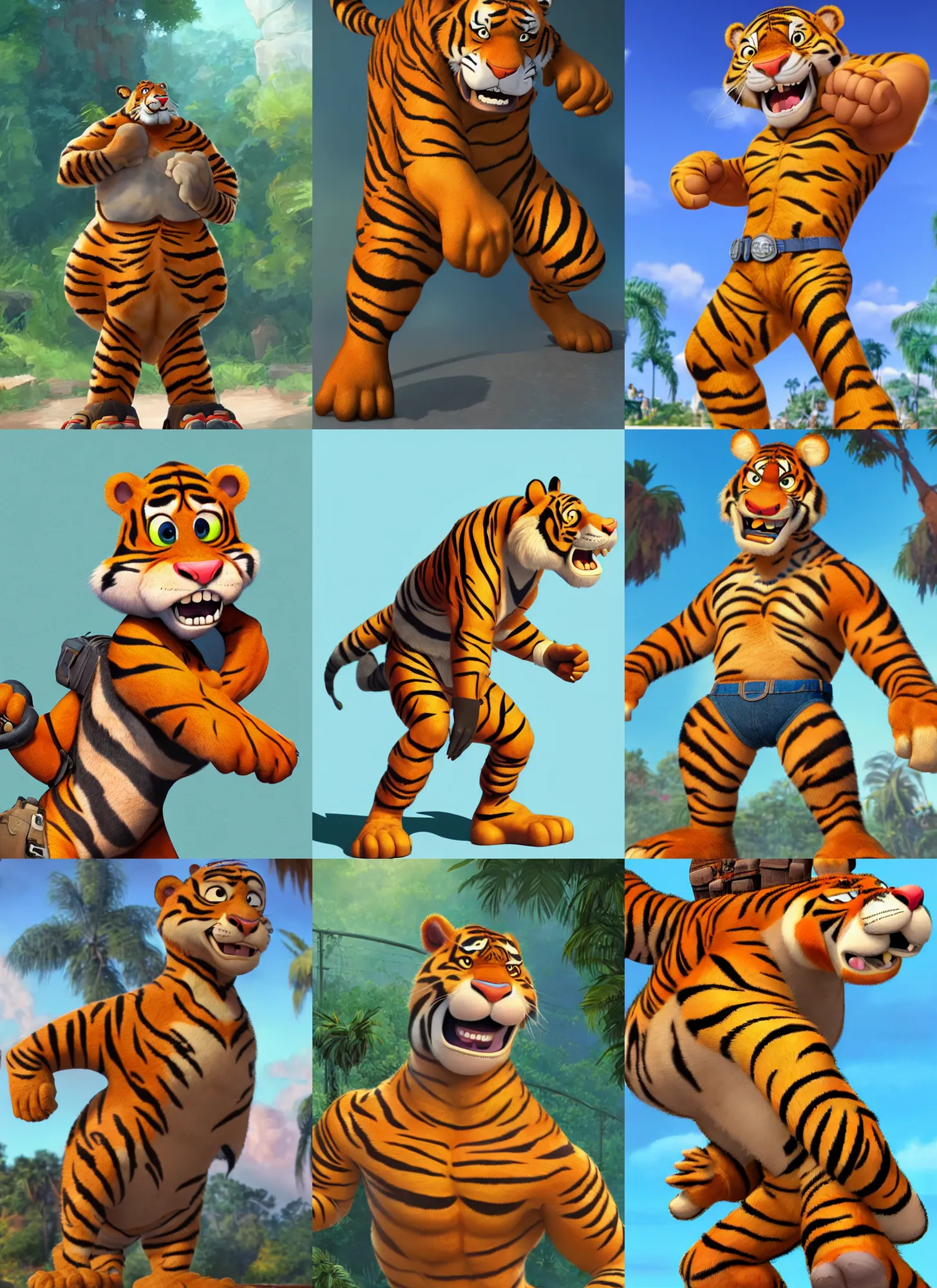 Prompt: ultradetailed buff tiger character wearing a tank top and cargo shorts, disney, pixar