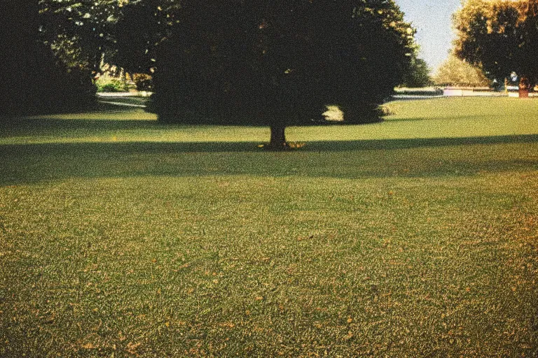 Prompt: film color photography, long view of small square mirror lies at the green lawn, no focus, 35mm