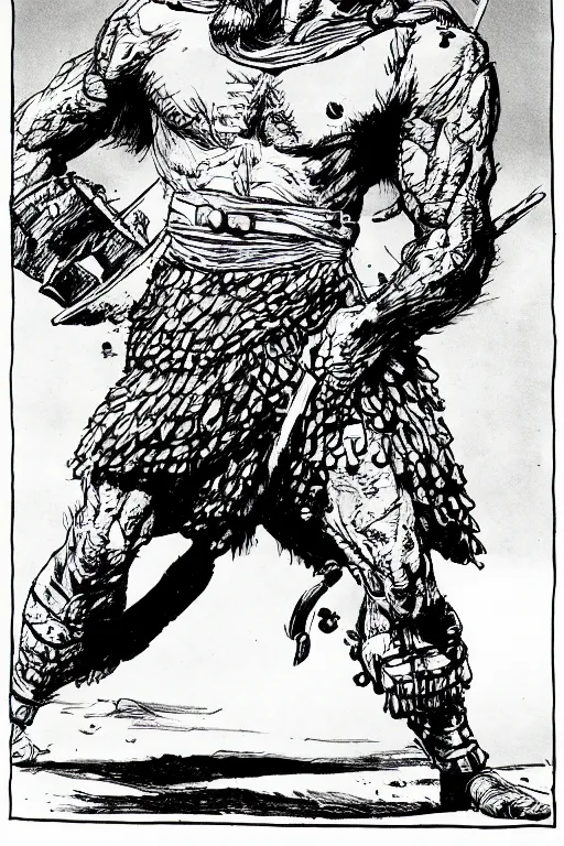 Prompt: ancient historically accurate depiction of the Bible Character Goliath of Gath, the Philistine warrior giant by frank miller