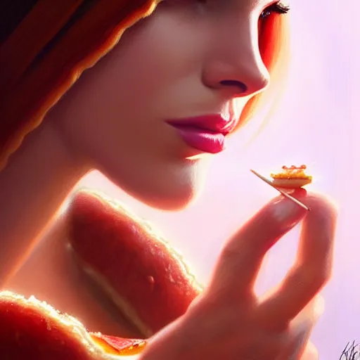 Prompt: Lana Del Ray eating a baconator, closeup, D&D, fantasy, intricate, elegant, highly detailed, digital painting, artstation, concept art, matte, sharp focus, illustration, hearthstone, art by Artgerm and Greg Rutkowski and Alphonse Mucha