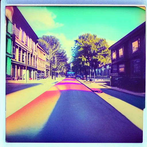 Image similar to colorful instant photograph of the middle of the street, polaroid, light leak, raw, nostalgic, daylight, blue sky, clouds