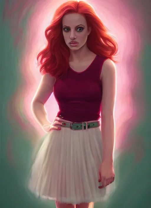 Image similar to full body portrait of teenage cheryl blossom, bangs, green eyes, sultry expression, red hair, sultry smirk, bangs and wavy hair, pink skirt, bangs, intricate, elegant, glowing lights, highly detailed, digital painting, artstation, concept art, smooth, sharp focus, illustration, art by wlop, mars ravelo and greg rutkowski