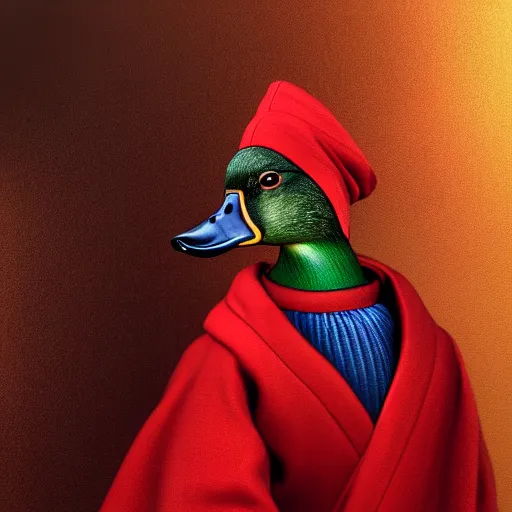 Prompt: portrait of cute mallard duck, wearing cultist red robe, inside a castle, expressive oil painting, digital art, octane render