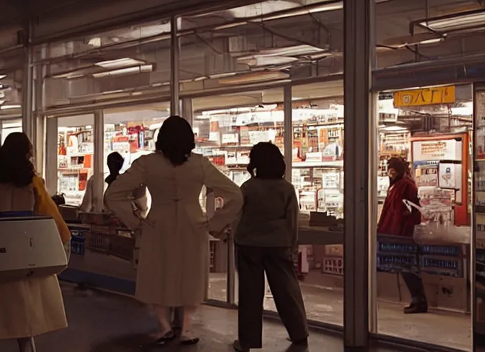 Prompt: cinematic wide shot of backlit windows of a narrow used electronics store, octavia spencer wanders the messy aisles, keyboards, iconic scene from the paranoid thriller sci fi film directed by stanley kubrick, anamorphic cinematography, beautiful composition, color theory, leading lines, photorealistic, volumetric lighting