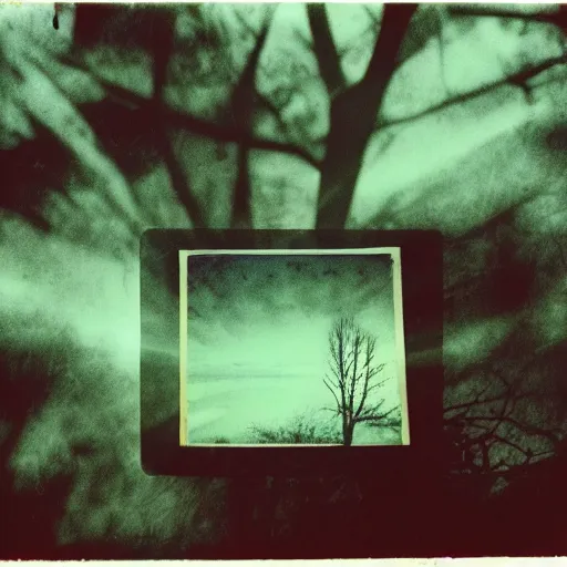 Image similar to polaroid of a surreal artsy dream scene, double exposure