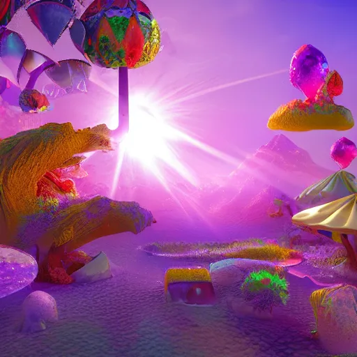 Image similar to a 3d rendering of a fantasy world by Lisa Frank, blender 3d rendering octane render hyper detailed