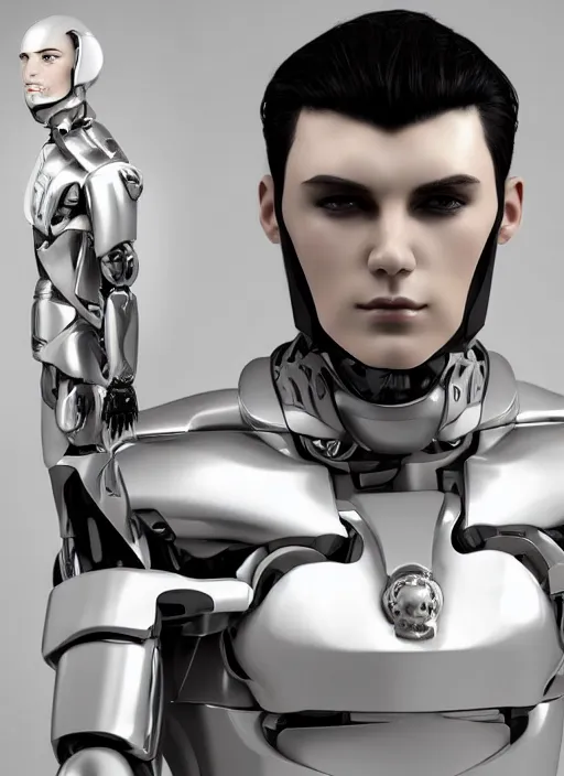 Prompt: portrait of a futuristic blanco ceramic Spanish prince humanoid robot macho guapo with a handsome face and muscular body, trending on cgsociety