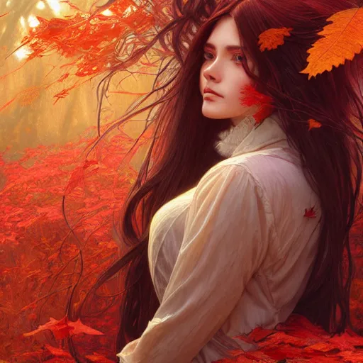 Image similar to girl with super long hair, hair becoming autumn red leaves, intricate, highly detailed, digital painting, artstation, concept art, smooth, sharp focus, illustration, unreal engine 5, 8 k, art by artgerm and greg rutkowski and alphonse mucha