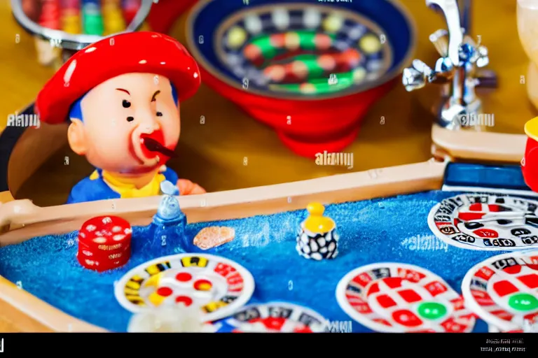 Image similar to italian chef taking a bath on a roulette table fisher - price scene from tv show 5 5 mm