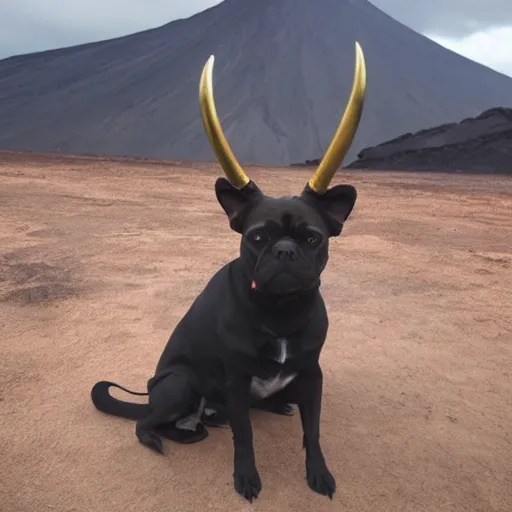 Prompt: devilish dog with horns in volcano