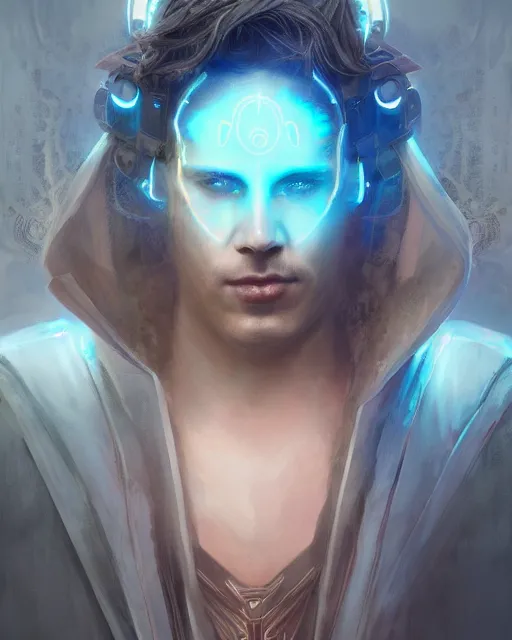 Prompt: incubus, male, neon opal robes, beautiful, cyberpunk, super detailed, very ornate, glow, by stjepan sejic, tom badshaw, greg rutkowski, realistic, symmetrical face, 8 k, sharp focus