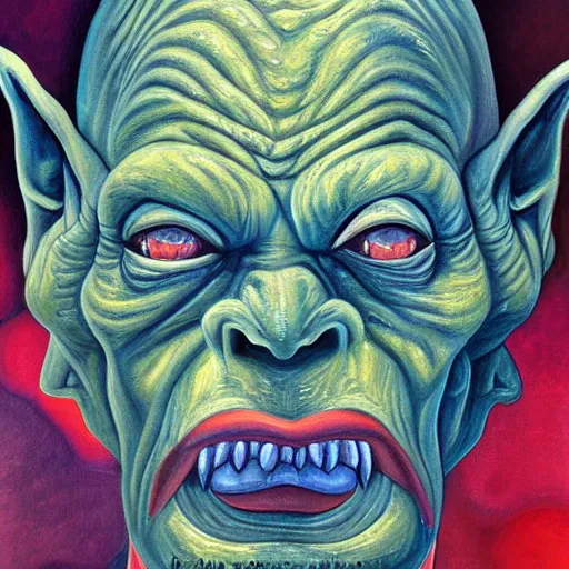 Image similar to a painting of a goblin orc in the style of alex grey, portrait, foggy, hazy, dull colors, detailed,