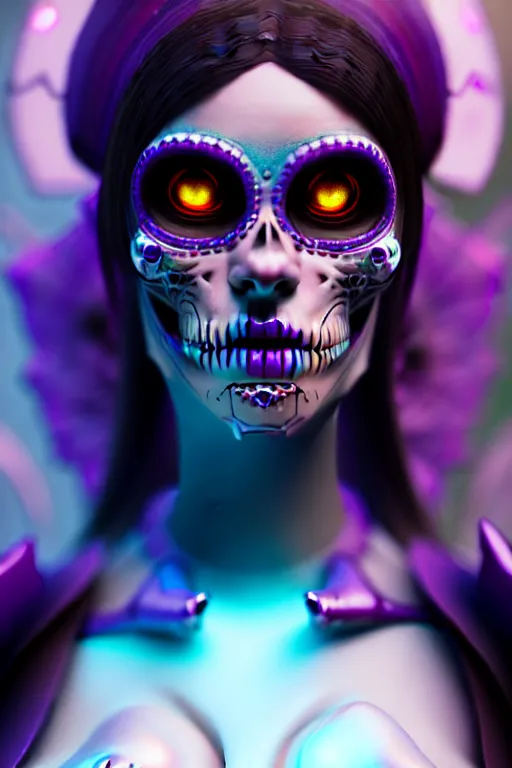 Prompt: ultra detailed, ethereal closeup photo of female android, gothic, flowerpunk, fantasy, octane render, unreal engine, dia de los muertos, photorealistic concept art, triadic color, art by artgerm and wlop and giger and greg rutkowski and alphonse mucha, 8 k