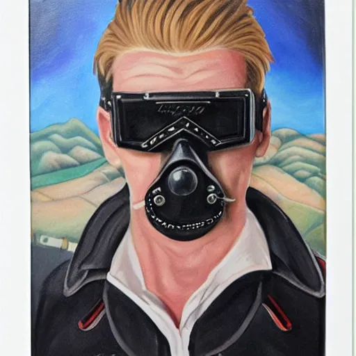 Image similar to square - jawed emotionless serious blonde woman starship engineer, tribal tattoos, handsome, short slicked - back hair, sweating, uncomfortable and anxious, looking distracted and awkward, wearing victorian dark goggles, flight suit and gloves, highly detailed, oil painting