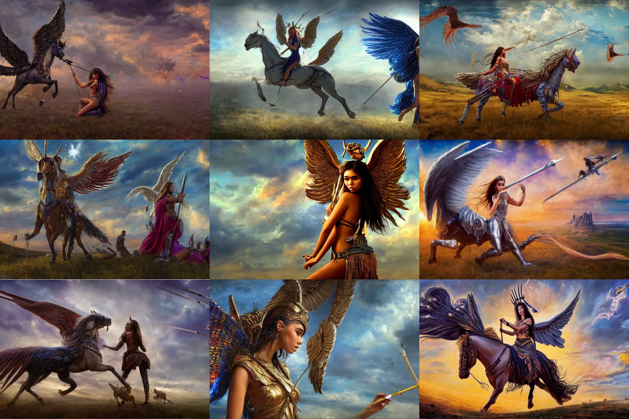 Prompt: wide - shot | dslr | madison beer | as a valkyrie warrior | giant winged horse | scarred | arrows filling the sky | by victor nizovtsev, john blanche and werner herzog | fantasy | highly detailed | north mythology | realism | film | cinematic 4 k |