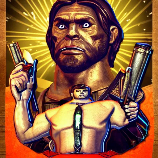 Prompt: saint homo neanderthalis with science bible on hand, gta chinatown art style, bioshock infinite art style, sharp focus hyperrealistic, rgba colors, remove duplicate content, justify contents center.