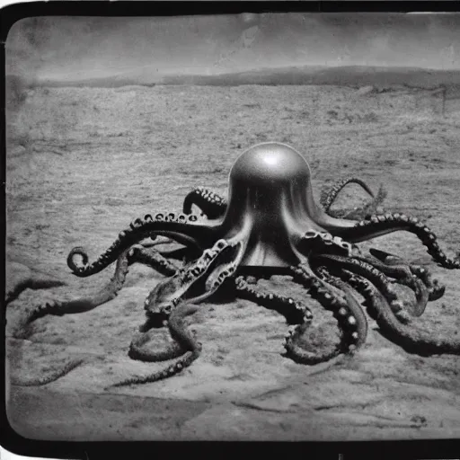 Prompt: tintype, wide view, thundra ufo crash site, team of scientists studying captured alien octopus, photorealistic, highly detailed