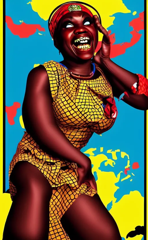 Image similar to mama africa laugh at her child!!! pop art, pixel, bioshock, gta chinatown, artgerm, richard hamilton, mimmo rottela, julian opie, aya takano, ultra realistic visual!!!