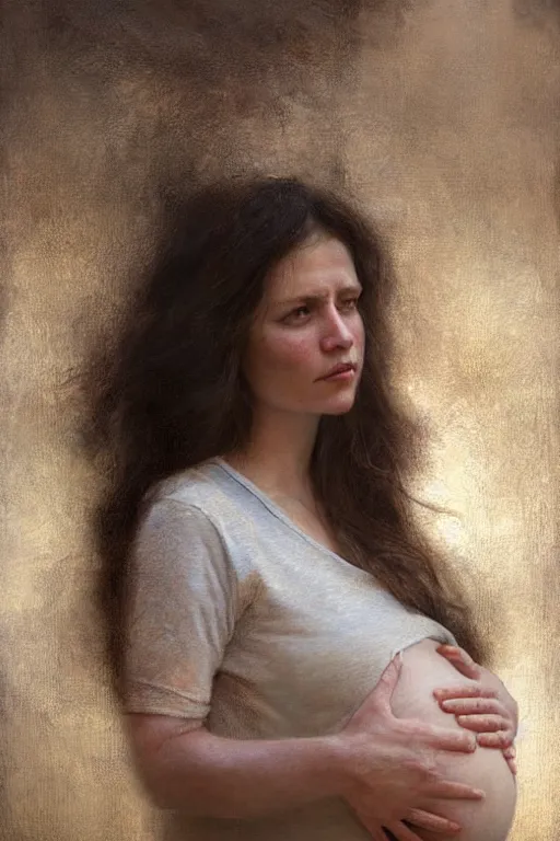 Image similar to pregnant woman in t-shirt by Alyssa Monks, Gaston Bussiere. full-shot, urban dystopia, hyper realism, realistic proportions, dramatic lighting, high detail 4k