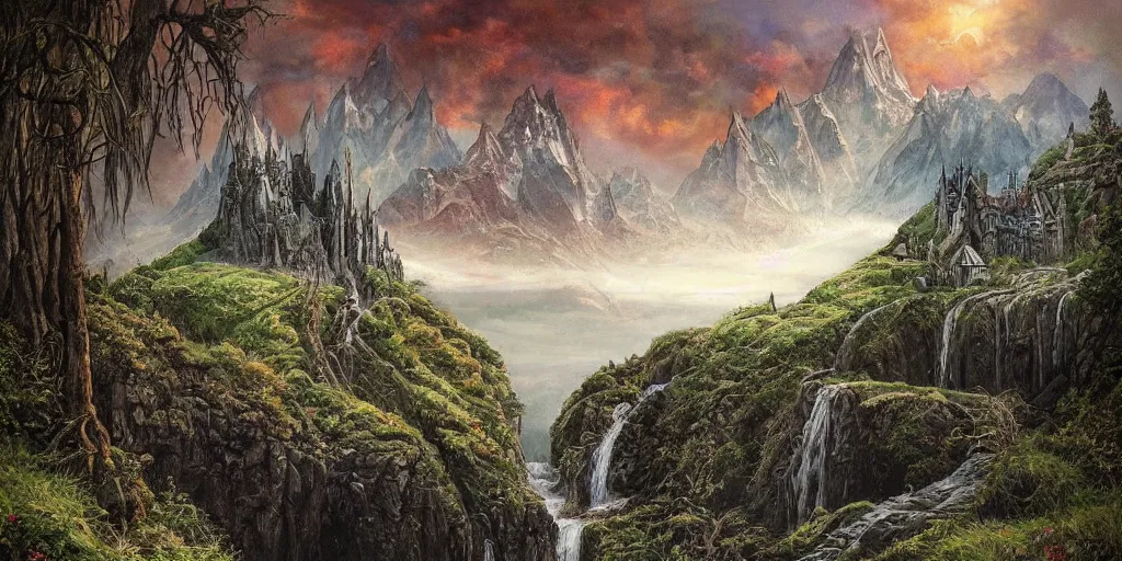 Image similar to a beautiful middle earth landscape by barbara remington