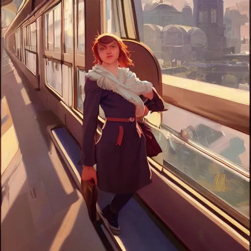 Prompt: sargent and leyendecker and greg hildebrandt, portrait of young russian girl taking the metro, stephen bliss, unreal engine, fantasy art by greg rutkowski, loish, rhads, ferdinand knab, makoto shinkai, ilya kuvshinov, rossdraws, global illumination, radiant light, detailed and intricate environment