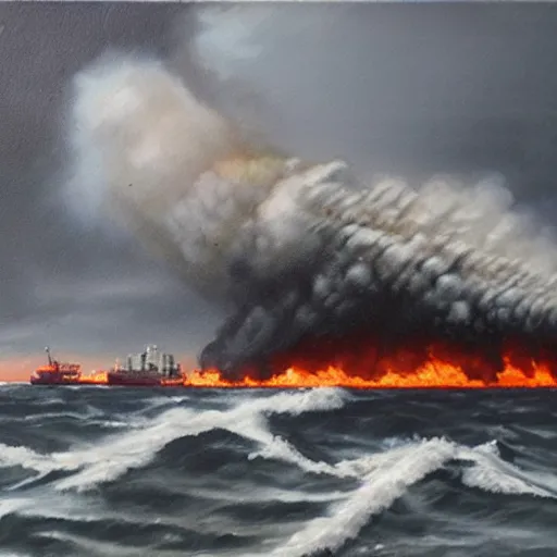 Prompt: A large oil tanker ship bursting into flames in grey rough seas in the atlantic, oil painting, grey clouds, dull colors, dark, rusted