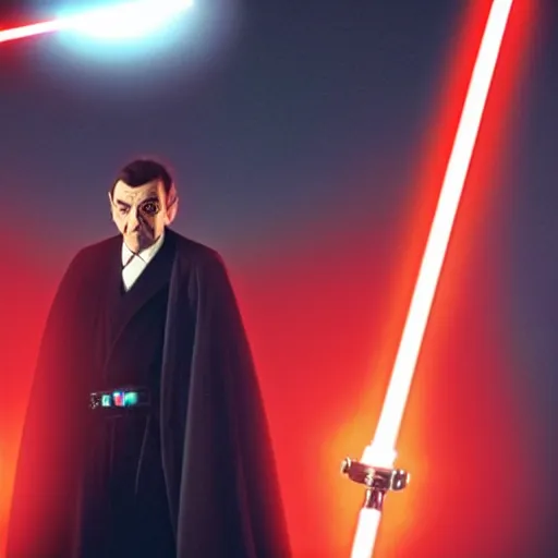 Image similar to mr. bean as darth sidious, holding a red light saber in star wars, film still, cinematic lighting, highly detailed