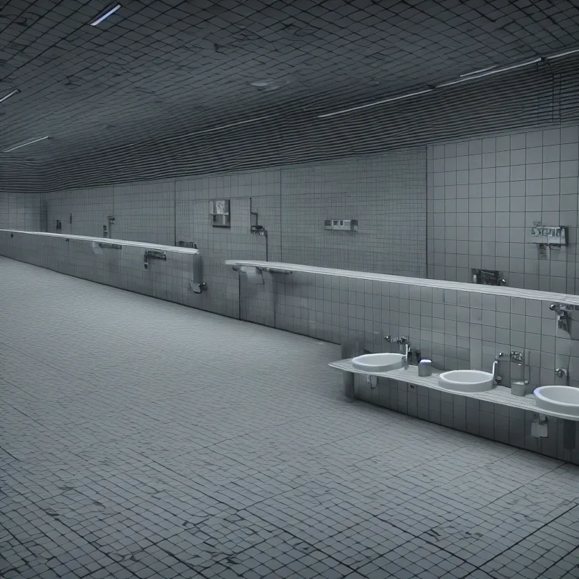 Image similar to an infinite public restroom with endless stalls and endless sinks fading into the distance, lots of people, showers, lights, tile, cinematic lighting, volumetric lighting, award winning photography, highly detailed, intricate, sharp focus, 4 k wallpaper, unreal engine, 9 0 mm, f / 1. 4