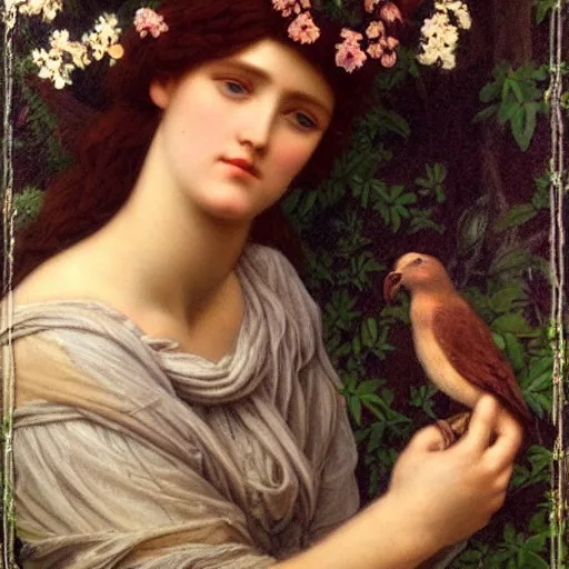 Image similar to Beautiful Pre-Raphaelite goddess of nature holding a little bird, in the style of John William Godward, close-up portrait, head in focus, flowers and plants, etheric, moody, intricate, mystical,