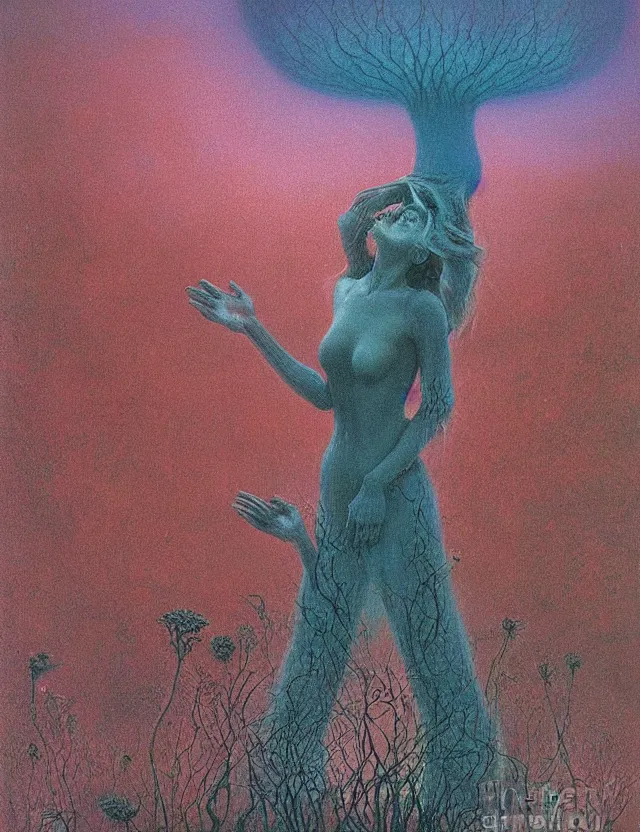 Image similar to fungal bloom fairy queen mold fae noble by zdzisław beksiński, dark whimsical oil painting award winning, chromatic aberration sharp colors