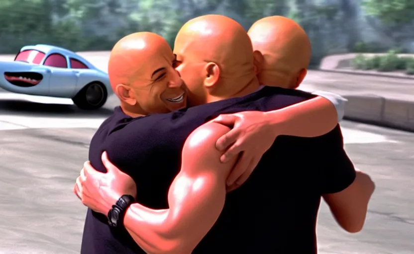 Image similar to lightning mcqueen hugging vin diesel