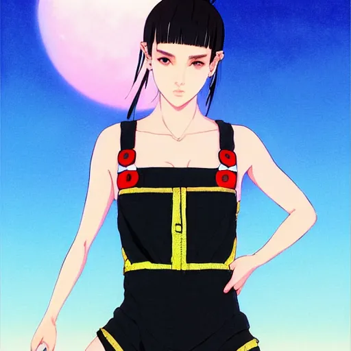 Image similar to a beautiful plus sized model japanese natalie portman, alluring, wearing mayan leotard with overalls, street fashion hip hop style with mayan patterns, aztec street fashion, gapmoe yandere grimdark, trending on pixiv fanbox, painted by greg rutkowski makoto shinkai takashi takeuchi studio ghibli, akihiko yoshida