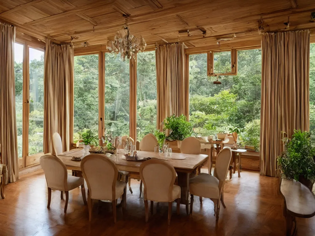 Image similar to interior shot of an old large dining room with wooden panels, large windows, lots of plants, satin curtains